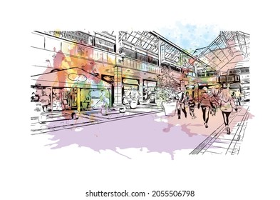 Building view with landmark of Kilkenny is a medieval town in southeast Ireland. Watercolor splash with hand drawn sketch illustration in vector.