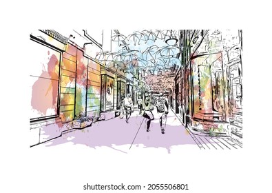 Building view with landmark of Kilkenny is a medieval town in southeast Ireland. Watercolor splash with hand drawn sketch illustration in vector.