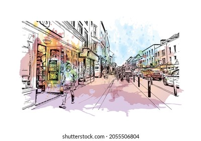 Building view with landmark of Kilkenny is a medieval town in southeast Ireland. Watercolor splash with hand drawn sketch illustration in vector.