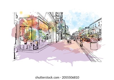 Building view with landmark of Kilkenny is a medieval town in southeast Ireland. Watercolor splash with hand drawn sketch illustration in vector.