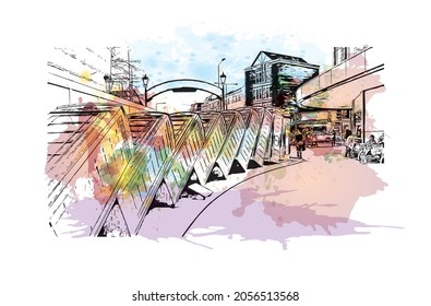 Building view with landmark of Kingston is the 
city in Canada. Watercolor splash with hand drawn sketch illustration in vector.