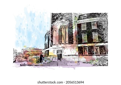 Building view with landmark of Kingston is the 
city in Canada. Watercolor splash with hand drawn sketch illustration in vector.