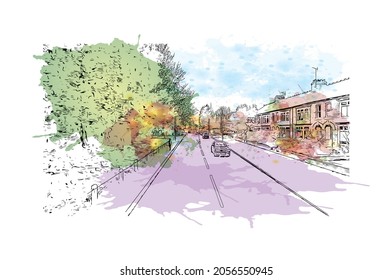Building view with landmark of Kingston upon Hull is the 
city in England. Watercolor splash with hand drawn sketch illustration in vector.
