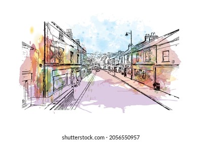 Building view with landmark of Kingston upon Hull is the 
city in England. Watercolor splash with hand drawn sketch illustration in vector.