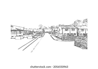 Building view with landmark of Kingston upon Hull is the 
city in England. Hand drawn sketch illustration in vector.