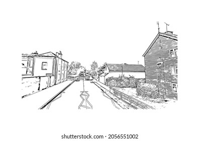 Der Ausblick auf das Gebäude mit Wahrzeichen von Kingston auf Hull 
Stadt in England. Handgezeichnete Skizzengrafik in Vektorgrafik.