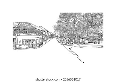 Building view with landmark of Kingston upon Hull is the 
city in England. Hand drawn sketch illustration in vector.