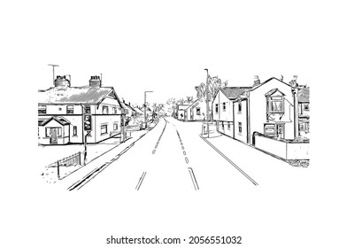 Building view with landmark of Kingston upon Hull is the 
city in England. Hand drawn sketch illustration in vector.
