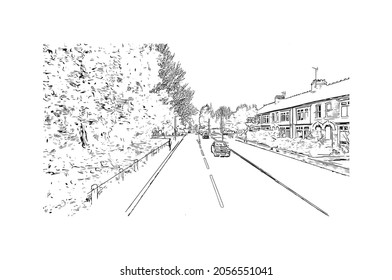 Der Ausblick auf das Gebäude mit Wahrzeichen von Kingston auf Hull 
Stadt in England. Handgezeichnete Skizzengrafik in Vektorgrafik.