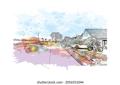La vista de edificio con un punto de referencia de Kingston en Hull es la 
ciudad de Inglaterra. Salto de color de agua con ilustración de esbozo dibujada a mano en vector.