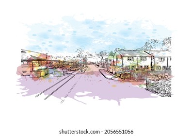 Building view with landmark of Kingston upon Hull is the 
city in England. Watercolor splash with hand drawn sketch illustration in vector.
