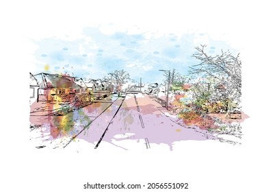 Building view with landmark of Kingston upon Hull is the 
city in England. Watercolor splash with hand drawn sketch illustration in vector.