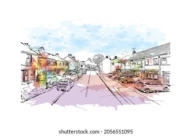 Building view with landmark of Kingston upon Hull is the 
city in England. Watercolor splash with hand drawn sketch illustration in vector.