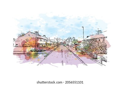 Building view with landmark of Kingston upon Hull is the 
city in England. Watercolor splash with hand drawn sketch illustration in vector.