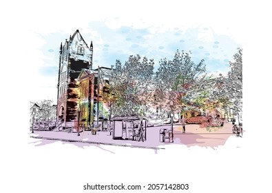 Building view with landmark of Kingstown is the 
capital in Saint Vincent and the Grenadines. Watercolor splash with hand drawn sketch illustration in vector.