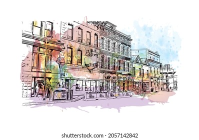 Building view with landmark of Kingstown is the 
capital in Saint Vincent and the Grenadines. Watercolor splash with hand drawn sketch illustration in vector.