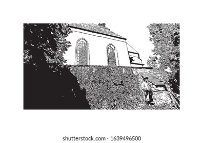 Building view with landmark of Kitzbuhel is a small Alpine town east of Innsbruck, in the western Austrian province of Tyrol. Hand drawn sketch illustration in vector.