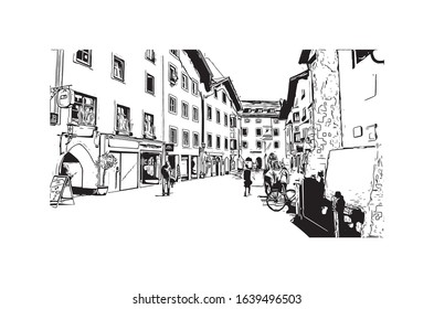 Building view with landmark of Kitzbuhel is a small Alpine town east of Innsbruck, in the western Austrian province of Tyrol. Hand drawn sketch illustration in vector.