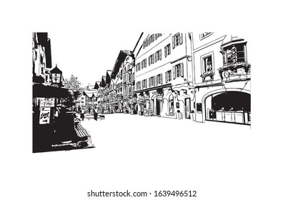 Building view with landmark of Kitzbuhel is a small Alpine town east of Innsbruck, in the western Austrian province of Tyrol. Hand drawn sketch illustration in vector.