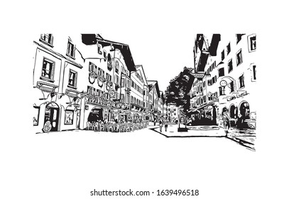 Building view with landmark of Kitzbuhel is a small Alpine town east of Innsbruck, in the western Austrian province of Tyrol. Hand drawn sketch illustration in vector.