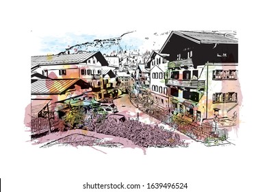 Building view with landmark of Kitzbuhel is a small Alpine town east of Innsbruck, in the western Austrian province of Tyrol. Watercolor splash with Hand drawn sketch illustration in vector.