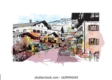 Building view with landmark of Kitzbuhel is a small Alpine town east of Innsbruck, in the western Austrian province of Tyrol. Watercolor splash with Hand drawn sketch illustration in vector.