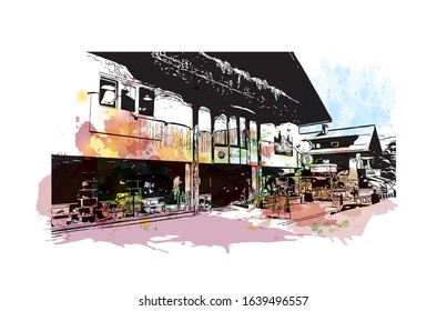 Building view with landmark of Kitzbuhel is a small Alpine town east of Innsbruck, in the western Austrian province of Tyrol. Watercolor splash with Hand drawn sketch illustration in vector.