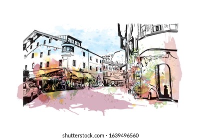 Building view with landmark of Kitzbuhel is a small Alpine town east of Innsbruck, in the western Austrian province of Tyrol. Watercolor splash with Hand drawn sketch illustration in vector.