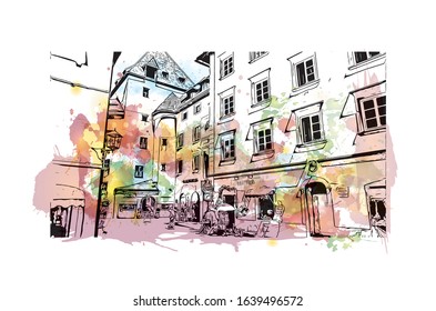 Building view with landmark of Kitzbuhel is a small Alpine town east of Innsbruck, in the western Austrian province of Tyrol. Watercolor splash with Hand drawn sketch illustration in vector.