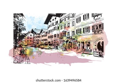 Building view with landmark of Kitzbuhel is a small Alpine town east of Innsbruck, in the western Austrian province of Tyrol. Watercolor splash with Hand drawn sketch illustration in vector.