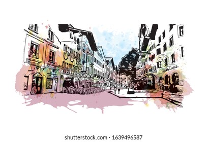 Building view with landmark of Kitzbuhel is a small Alpine town east of Innsbruck, in the western Austrian province of Tyrol. Watercolor splash with Hand drawn sketch illustration in vector.