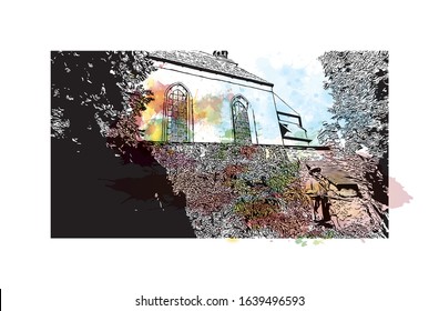 Building view with landmark of Kitzbuhel is a small Alpine town east of Innsbruck, in the western Austrian province of Tyrol. Watercolor splash with Hand drawn sketch illustration in vector.