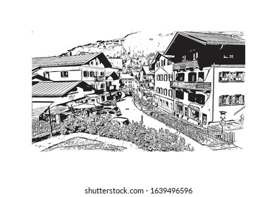 Building view with landmark of Kitzbuhel is a small Alpine town east of Innsbruck, in the western Austrian province of Tyrol. Hand drawn sketch illustration in vector.
