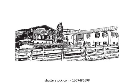 Building view with landmark of Kitzbuhel is a small Alpine town east of Innsbruck, in the western Austrian province of Tyrol. Hand drawn sketch illustration in vector.