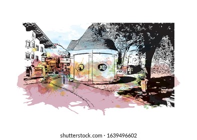 Building view with landmark of Kitzbuhel is a small Alpine town east of Innsbruck, in the western Austrian province of Tyrol. Watercolor splash with Hand drawn sketch illustration in vector.