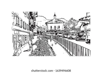Building view with landmark of Kitzbuhel is a small Alpine town east of Innsbruck, in the western Austrian province of Tyrol. Hand drawn sketch illustration in vector.