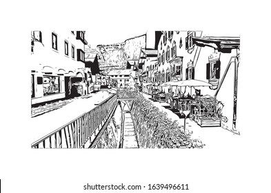 Building view with landmark of Kitzbuhel is a small Alpine town east of Innsbruck, in the western Austrian province of Tyrol. Hand drawn sketch illustration in vector.