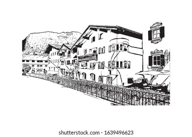 Building view with landmark of Kitzbuhel is a small Alpine town east of Innsbruck, in the western Austrian province of Tyrol. Hand drawn sketch illustration in vector.