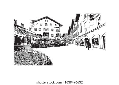 Building view with landmark of Kitzbuhel is a small Alpine town east of Innsbruck, in the western Austrian province of Tyrol. Hand drawn sketch illustration in vector.