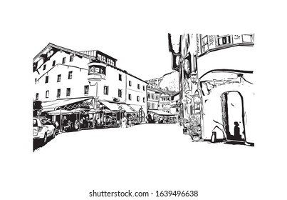 Building view with landmark of Kitzbuhel is a small Alpine town east of Innsbruck, in the western Austrian province of Tyrol. Hand drawn sketch illustration in vector.