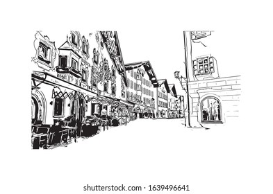 Building view with landmark of Kitzbuhel is a small Alpine town east of Innsbruck, in the western Austrian province of Tyrol. Hand drawn sketch illustration in vector.