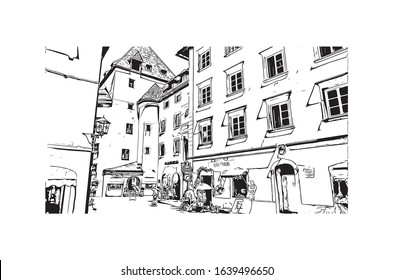 Building view with landmark of Kitzbuhel is a small Alpine town east of Innsbruck, in the western Austrian province of Tyrol. Hand drawn sketch illustration in vector.