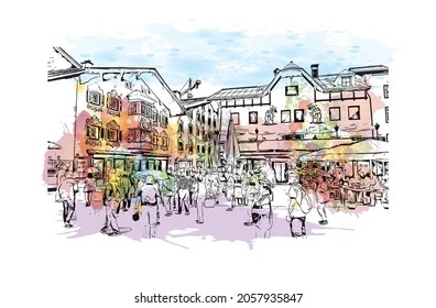 Building view with landmark of Kitzbuhel is the 
town in Austria. Watercolor splash with hand drawn sketch illustration in vector.