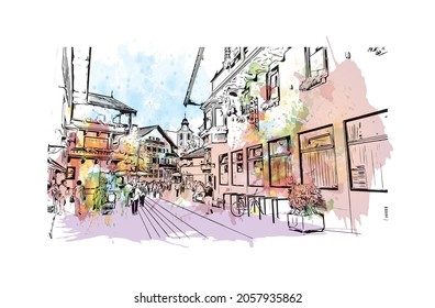Building view with landmark of Kitzbuhel is the 
town in Austria. Watercolor splash with hand drawn sketch illustration in vector.