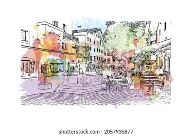 Building view with landmark of Kitzbuhel is the 
town in Austria. Watercolor splash with hand drawn sketch illustration in vector.