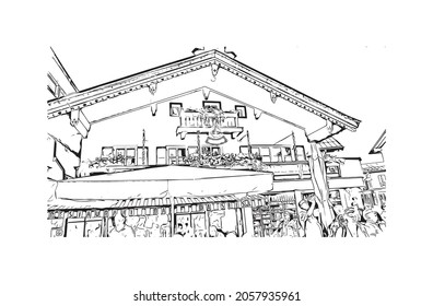 Building view with landmark of Kitzbuhel is the 
town in Austria. Hand drawn sketch illustration in vector.