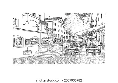 Building view with landmark of Kitzbuhel is the 
town in Austria. Hand drawn sketch illustration in vector.