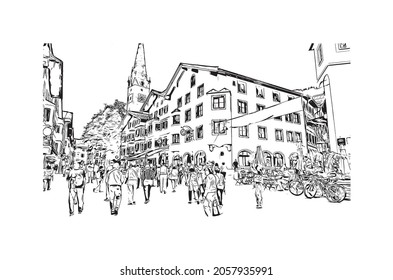 Building view with landmark of Kitzbuhel is the 
town in Austria. Hand drawn sketch illustration in vector.