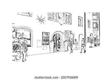 Building view with landmark of Kitzbuhel is the 
town in Austria. Hand drawn sketch illustration in vector.