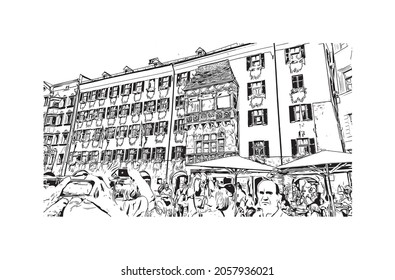 Building view with landmark of Kitzbuhel is the 
town in Austria. Hand drawn sketch illustration in vector.